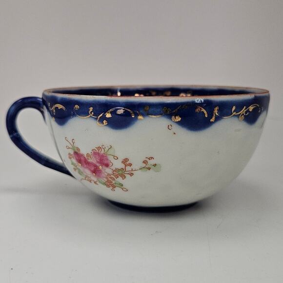 Antique Japanese Geisha Girl Cup Hand Painted Cobalt Blue Floral Gold Moriage - Picture 3 of 6